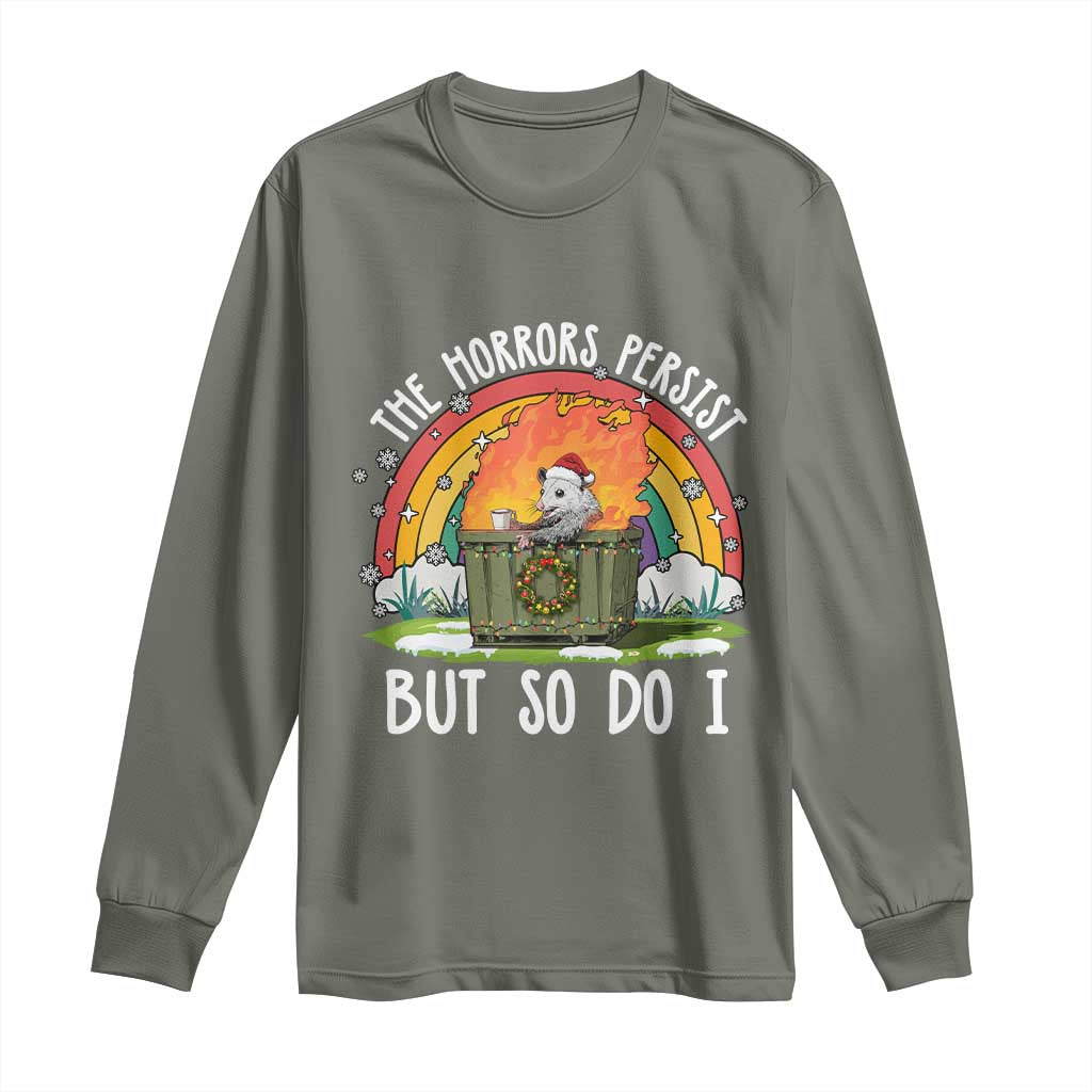 Funny Christmas Opossum Long Sleeve Shirt The Horrors Persist But So Do I Dumpster Fire Rainbow - Wonder Print Shop