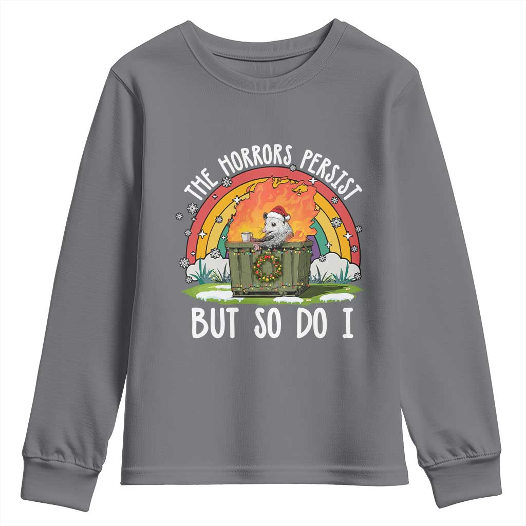 Funny Christmas Opossum Youth Sweatshirt The Horrors Persist But So Do I Dumpster Fire Rainbow - Wonder Print Shop