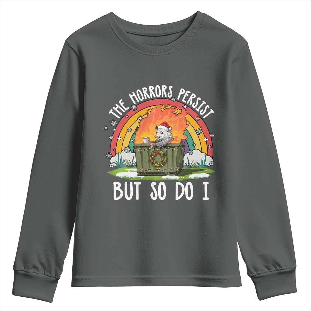 Funny Christmas Opossum Youth Sweatshirt The Horrors Persist But So Do I Dumpster Fire Rainbow - Wonder Print Shop