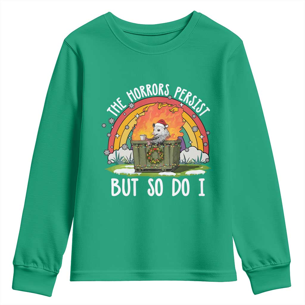 Funny Christmas Opossum Youth Sweatshirt The Horrors Persist But So Do I Dumpster Fire Rainbow - Wonder Print Shop