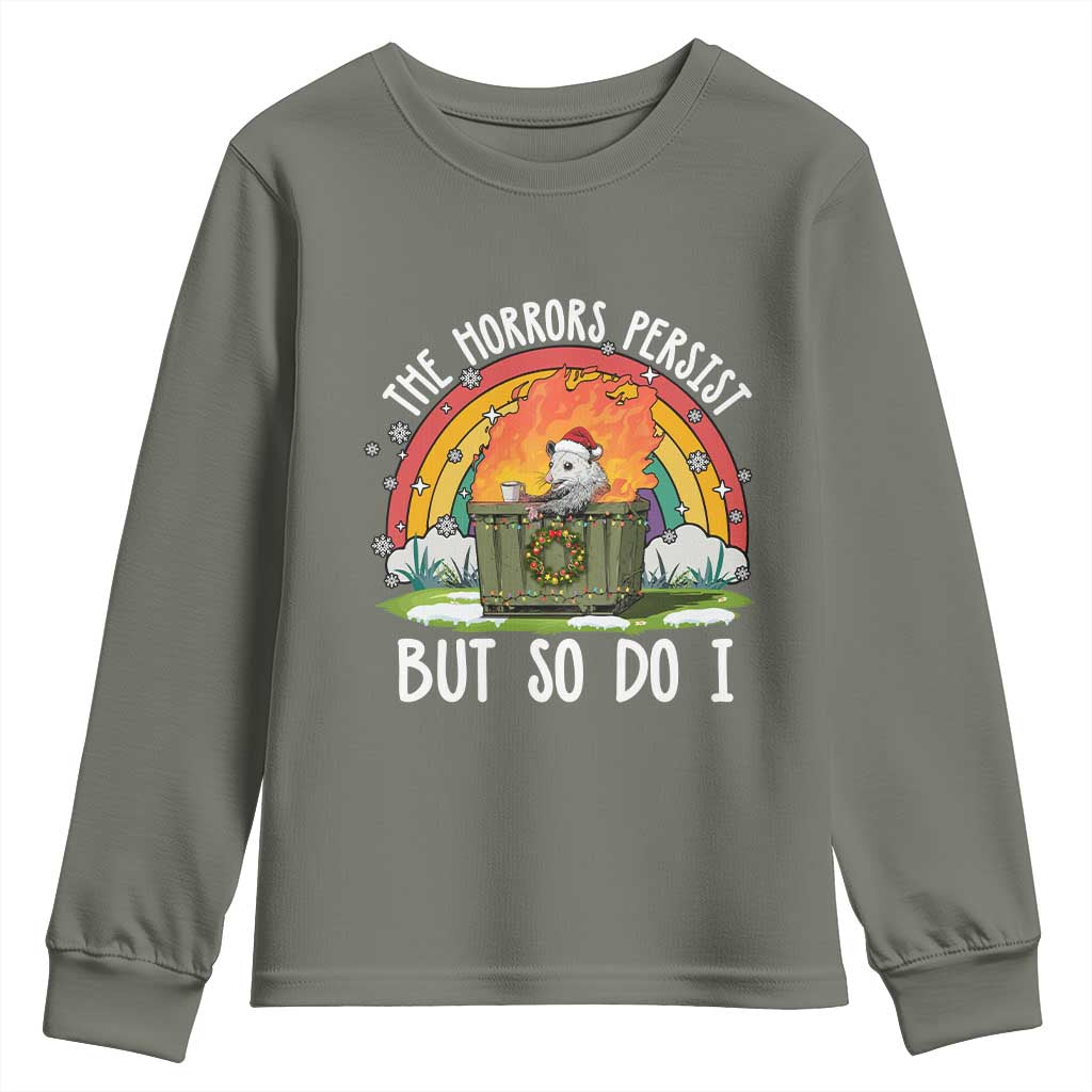 Funny Christmas Opossum Youth Sweatshirt The Horrors Persist But So Do I Dumpster Fire Rainbow - Wonder Print Shop