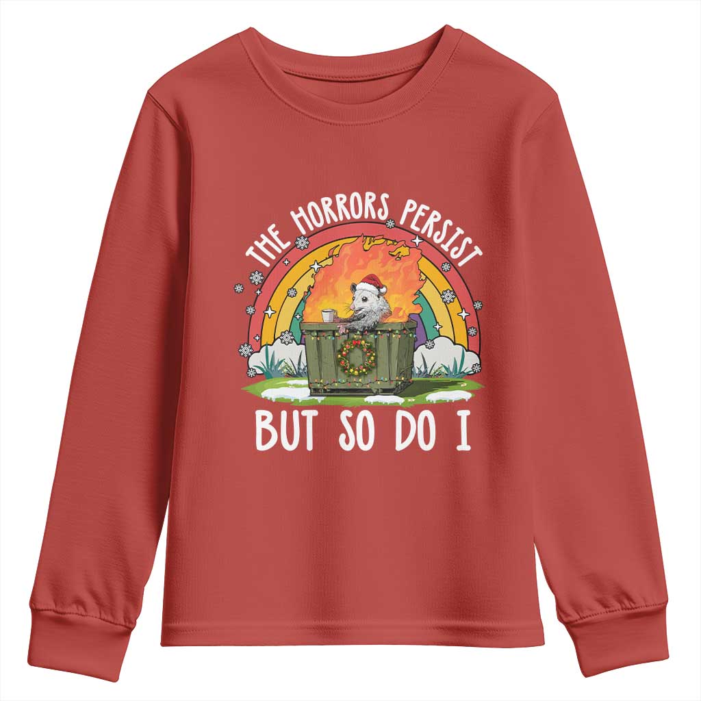 Funny Christmas Opossum Youth Sweatshirt The Horrors Persist But So Do I Dumpster Fire Rainbow - Wonder Print Shop