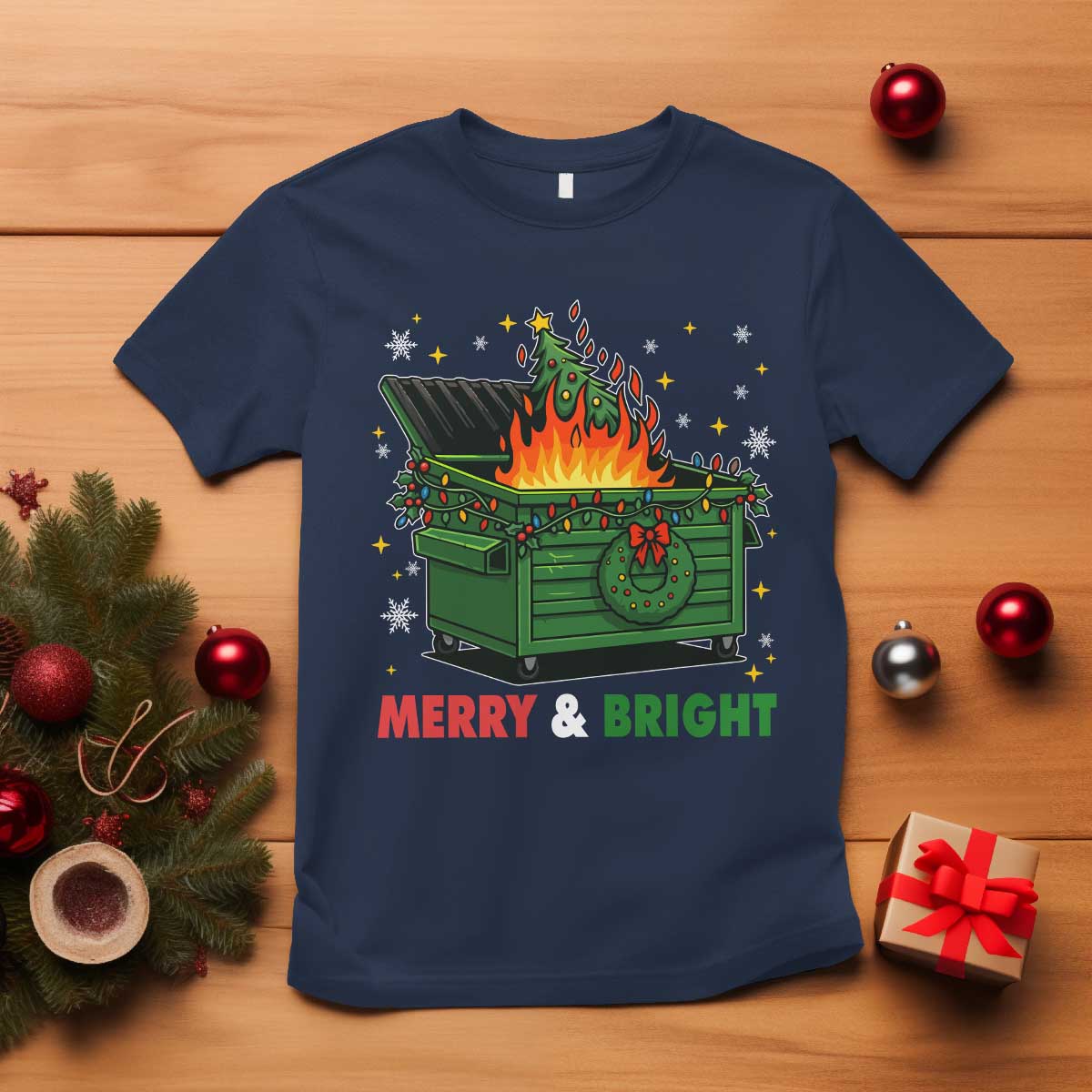 Funny Lil Dumpster Fire Christmas T Shirt Merry And Bright Xmas Tree - Wonder Print Shop
