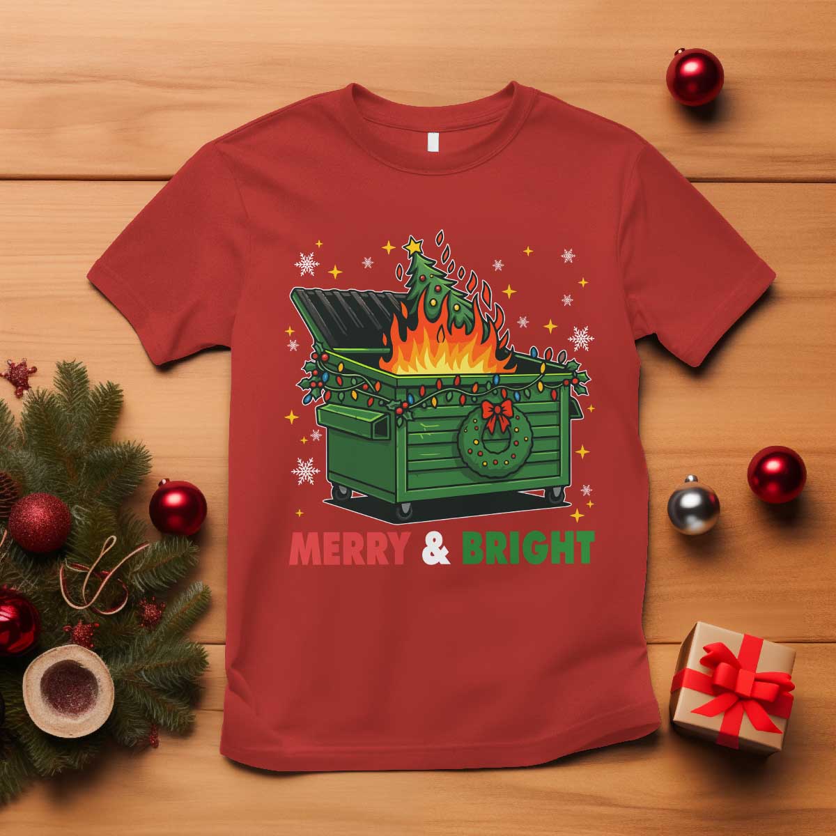 Funny Lil Dumpster Fire Christmas T Shirt Merry And Bright Xmas Tree - Wonder Print Shop