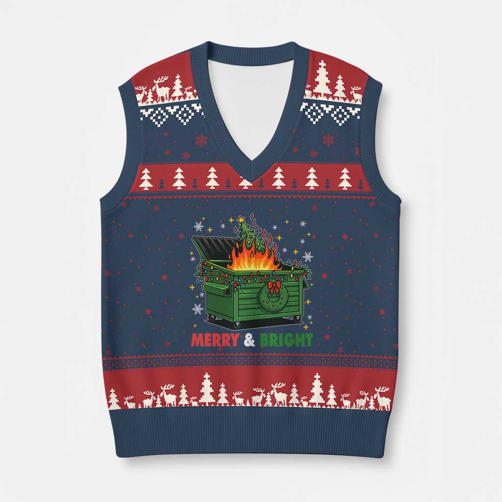 Funny Lil Dumpster Fire Xmas V-Neck Knit Sweater Vest Merry And Bright Xmas Tree - Wonder Print Shop