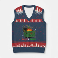 Funny Lil Dumpster Fire Xmas V-Neck Knit Sweater Vest Merry And Bright Xmas Tree - Wonder Print Shop