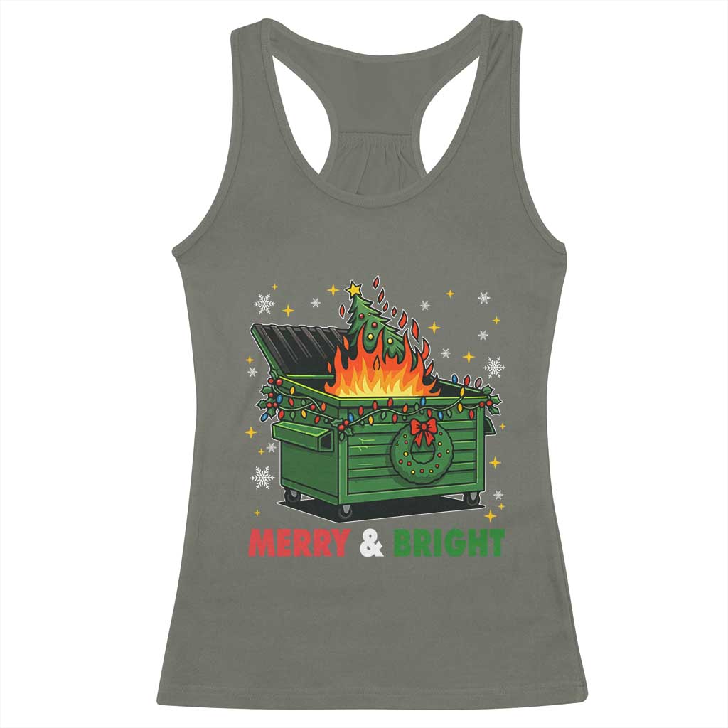 Funny Lil Dumpster Fire Christmas Racerback Tank Top Merry And Bright Xmas Tree - Wonder Print Shop