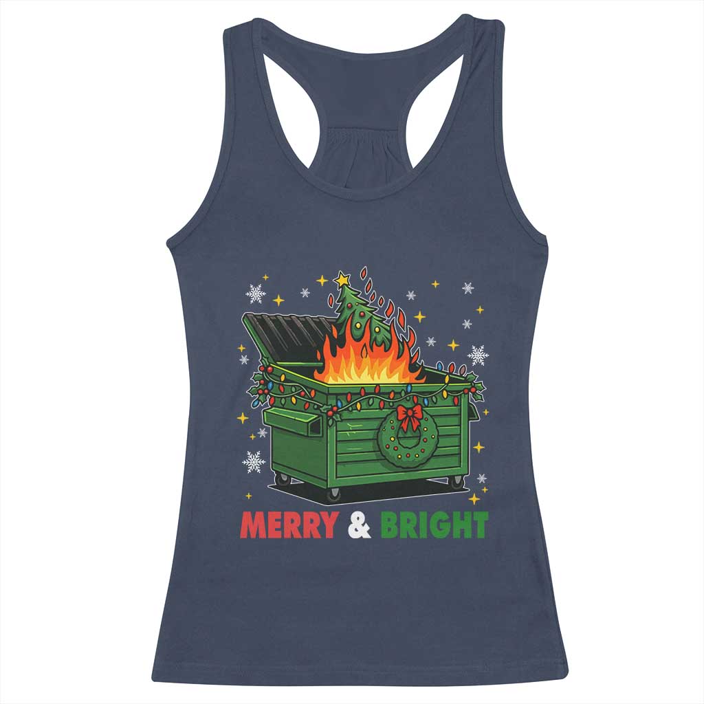 Funny Lil Dumpster Fire Christmas Racerback Tank Top Merry And Bright Xmas Tree - Wonder Print Shop