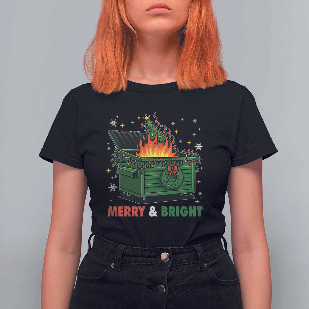 Funny Lil Dumpster Fire Christmas T Shirt For Women Merry And Bright Xmas Tree - Wonder Print Shop