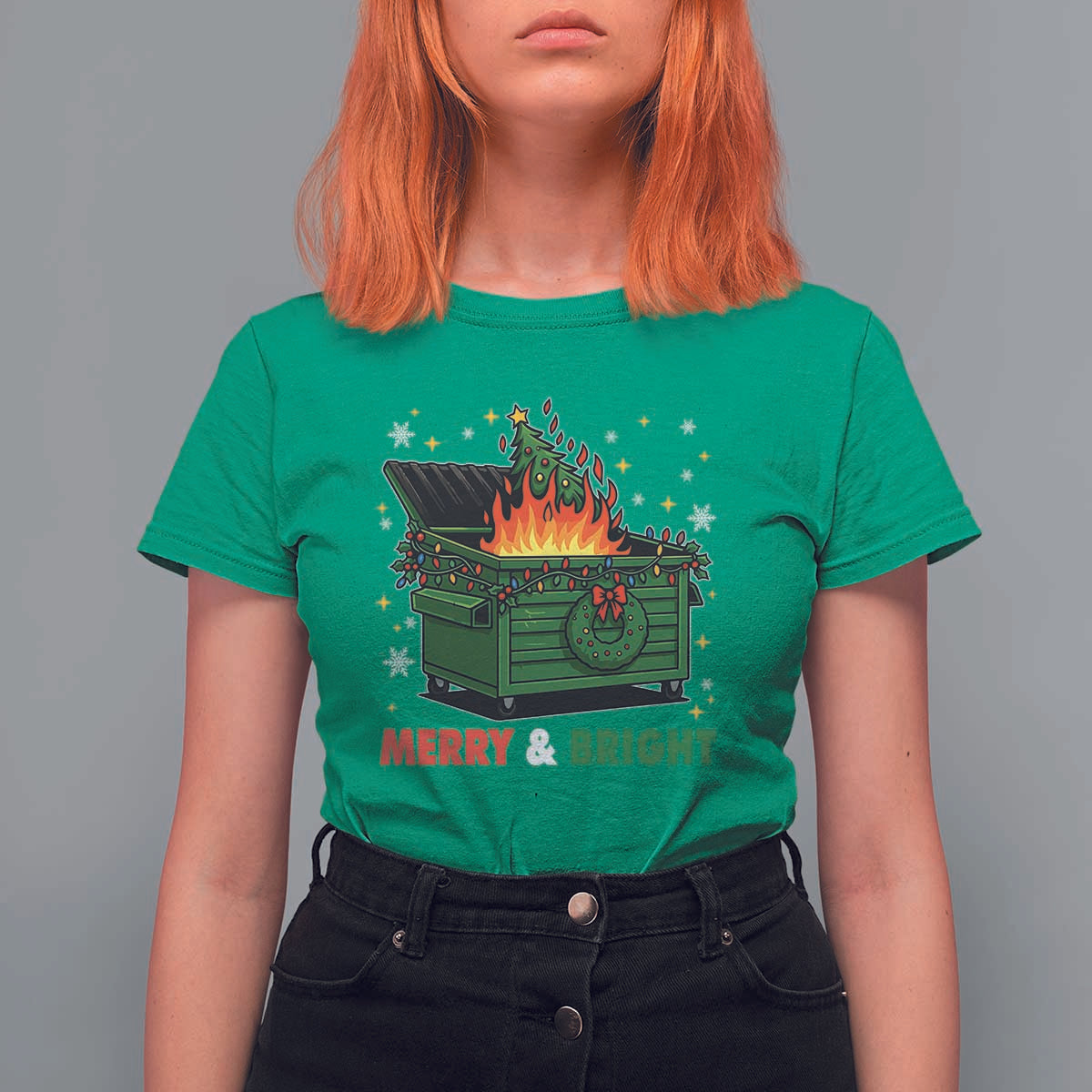 Funny Lil Dumpster Fire Christmas T Shirt For Women Merry And Bright Xmas Tree - Wonder Print Shop