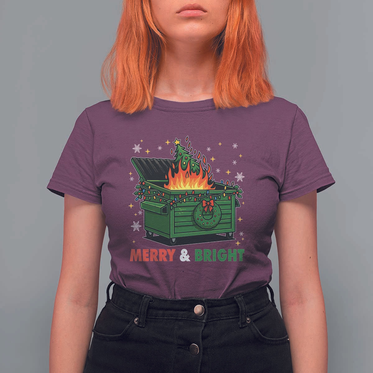 Funny Lil Dumpster Fire Christmas T Shirt For Women Merry And Bright Xmas Tree - Wonder Print Shop