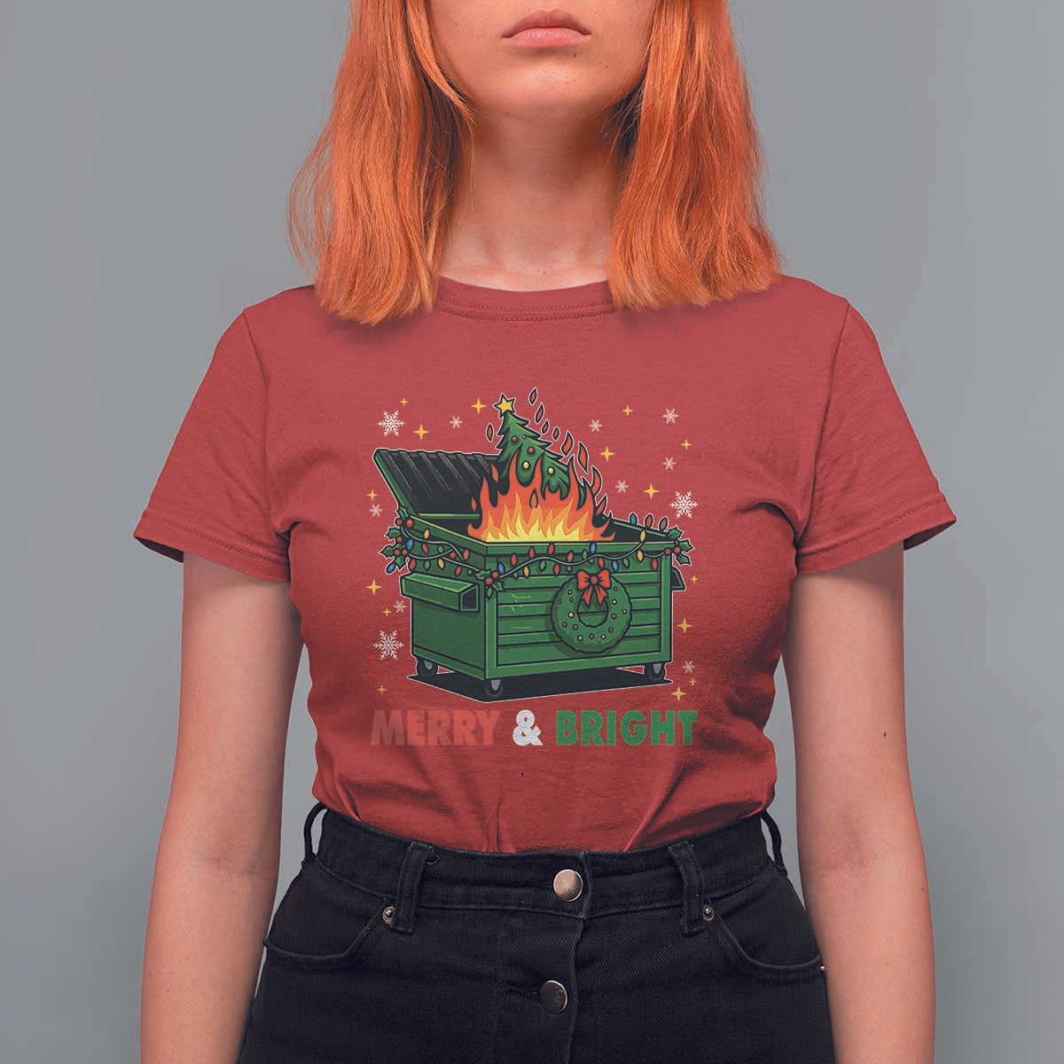 Funny Lil Dumpster Fire Christmas T Shirt For Women Merry And Bright Xmas Tree - Wonder Print Shop