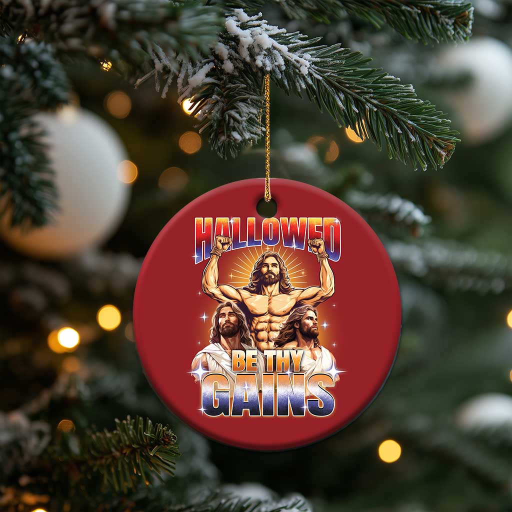 Funny Muscle Jesus Workout Christmas Ornament Hallowed Be Thy Gains Weightlifting Humor - Wonder Print Shop