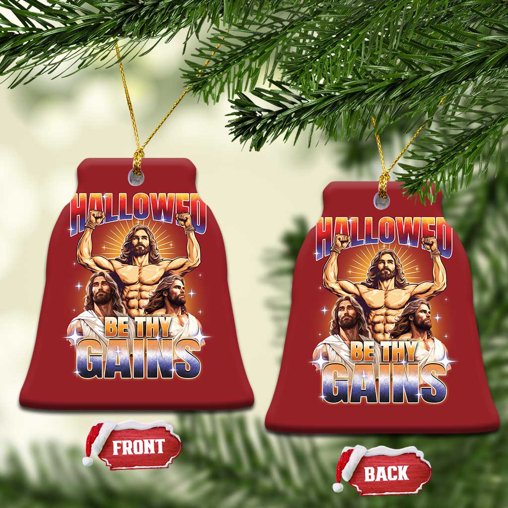 Funny Muscle Jesus Workout Christmas Ornament Hallowed Be Thy Gains Weightlifting Humor - Wonder Print Shop