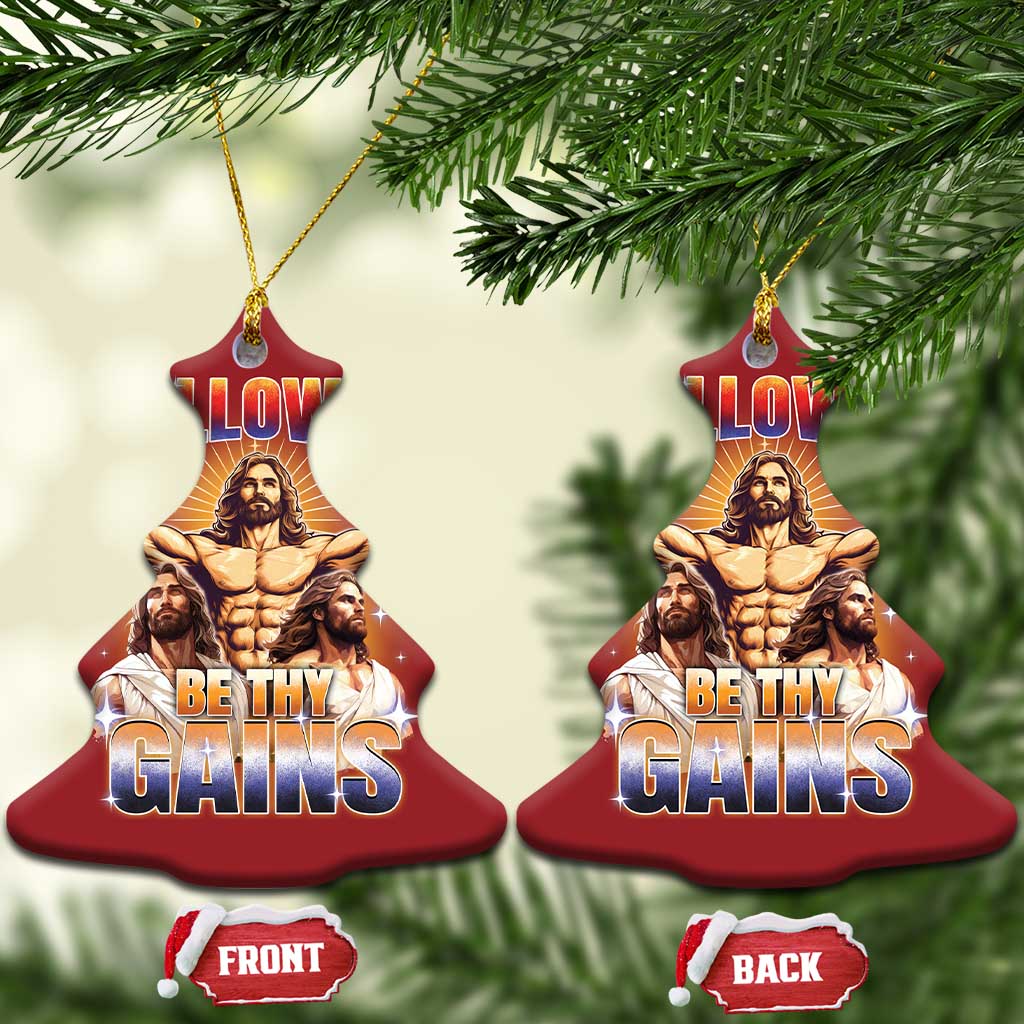 Funny Muscle Jesus Workout Christmas Ornament Hallowed Be Thy Gains Weightlifting Humor - Wonder Print Shop
