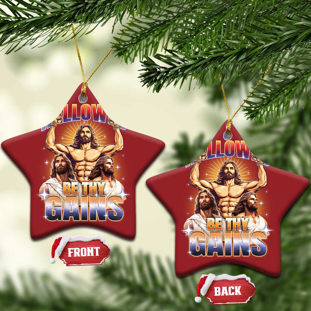 Funny Muscle Jesus Workout Christmas Ornament Hallowed Be Thy Gains Weightlifting Humor - Wonder Print Shop
