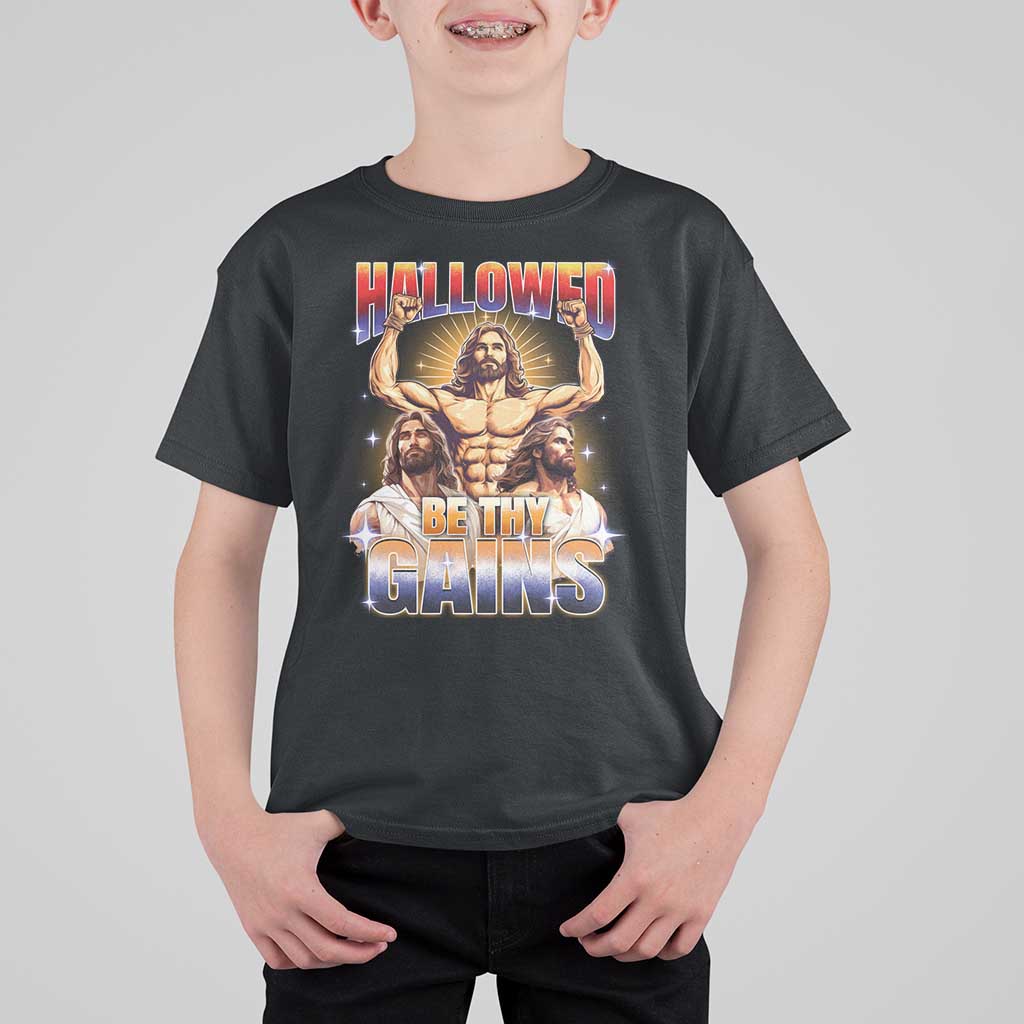 Funny Muscle Jesus Weightlifting T Shirt For Kid Hallowed Be Thy Gains Workout Humor - Wonder Print Shop