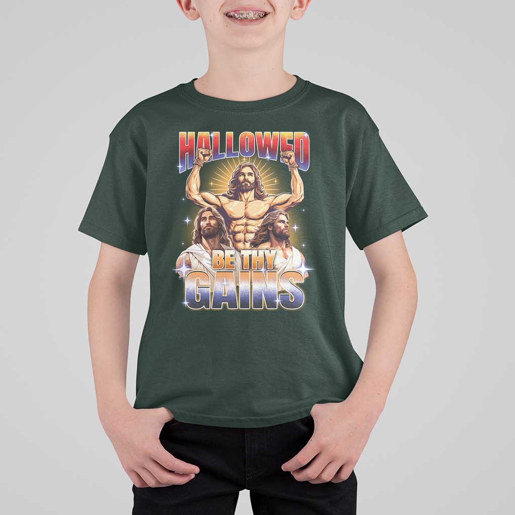 Funny Muscle Jesus Weightlifting T Shirt For Kid Hallowed Be Thy Gains Workout Humor - Wonder Print Shop
