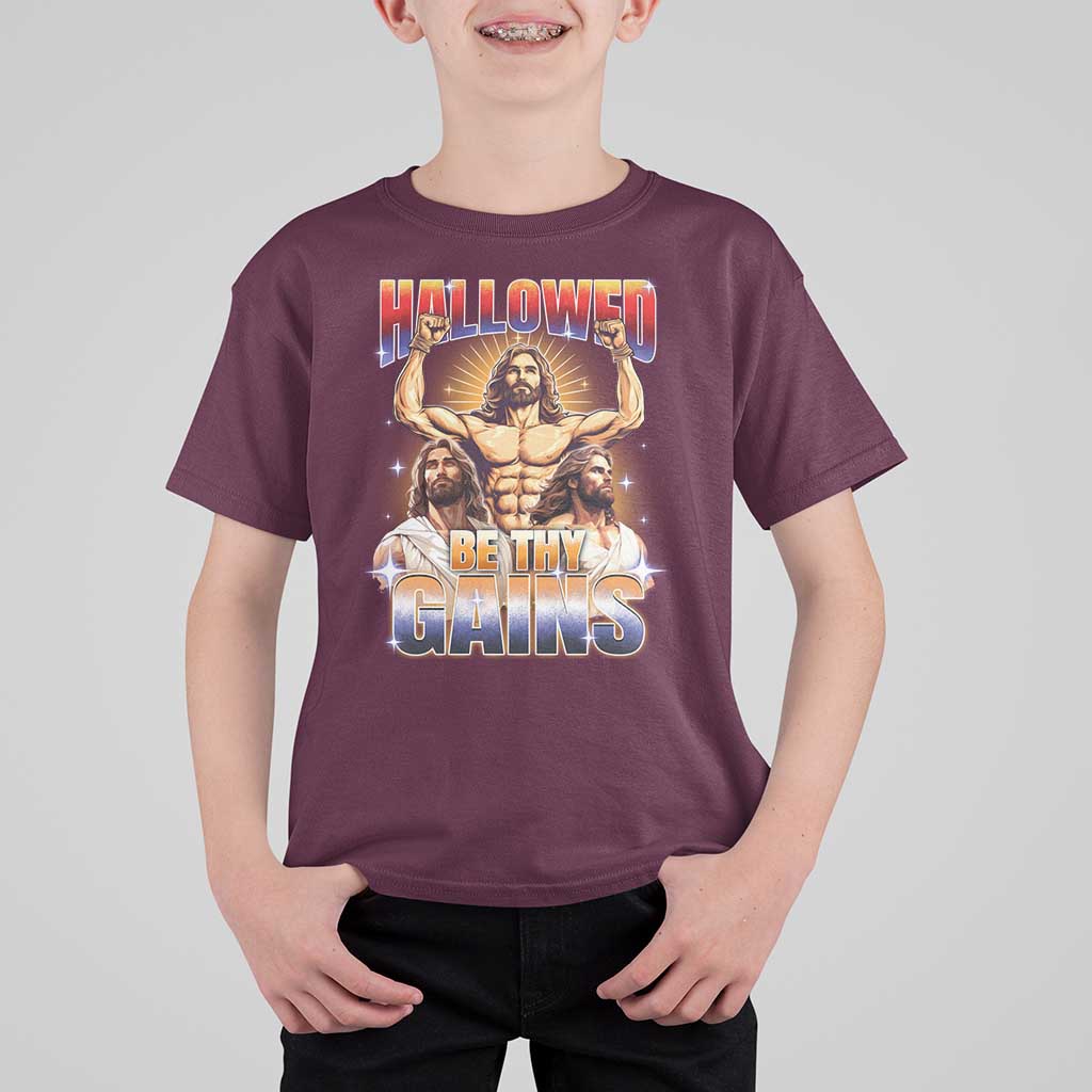 Funny Muscle Jesus Weightlifting T Shirt For Kid Hallowed Be Thy Gains Workout Humor - Wonder Print Shop