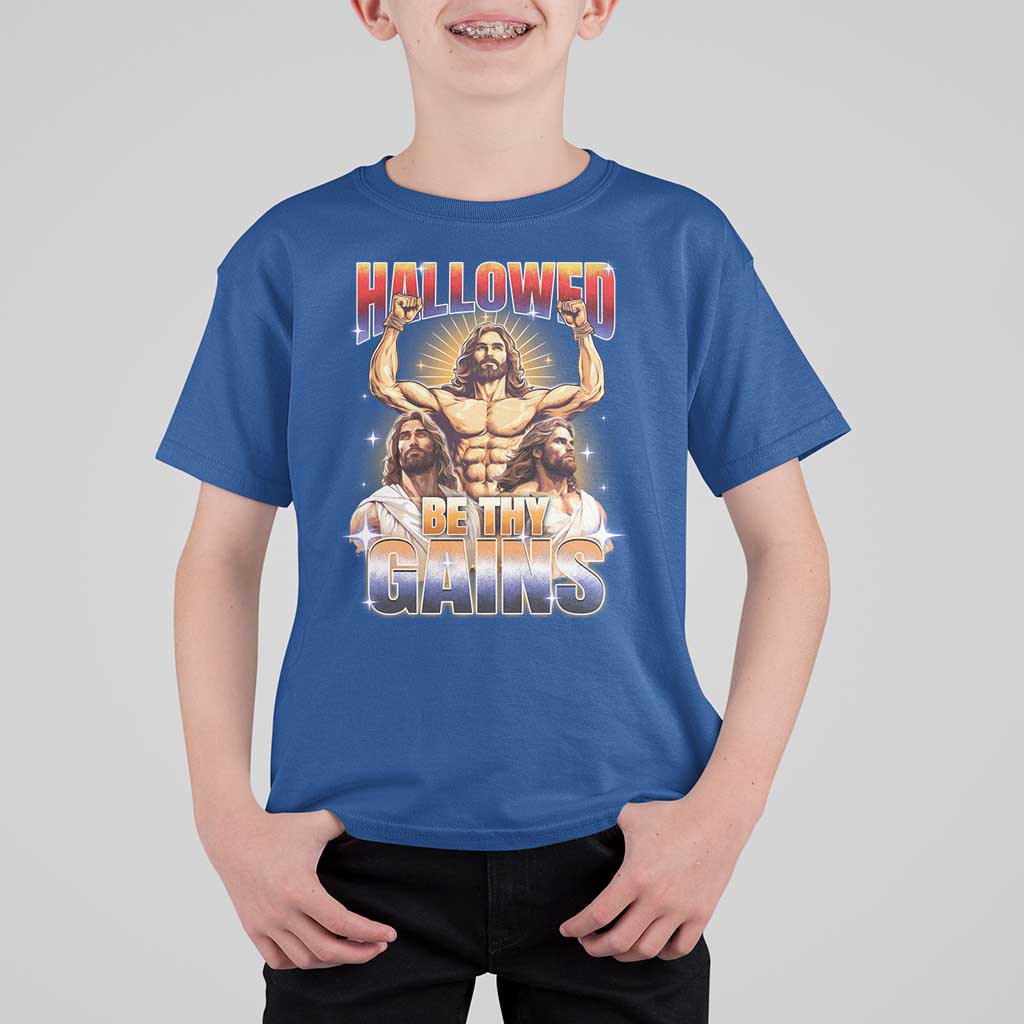Funny Muscle Jesus Weightlifting T Shirt For Kid Hallowed Be Thy Gains Workout Humor - Wonder Print Shop