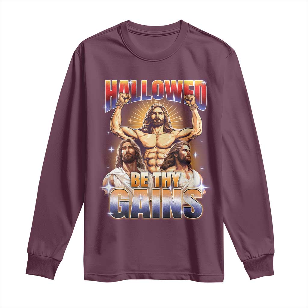 Funny Muscle Jesus Workout Long Sleeve Shirt Hallowed Be Thy Gains Weightlifting Humor