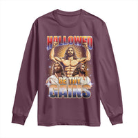 Funny Muscle Jesus Workout Long Sleeve Shirt Hallowed Be Thy Gains Weightlifting Humor
