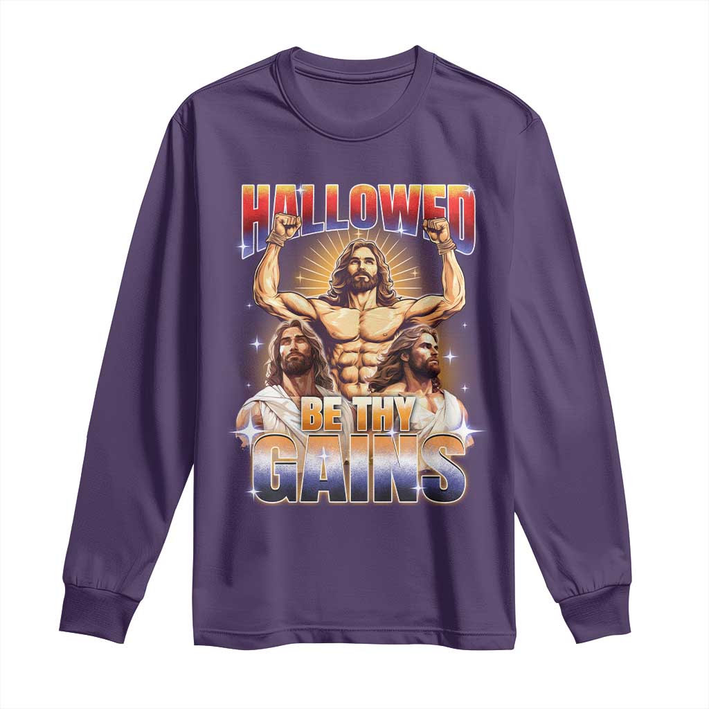 Funny Muscle Jesus Workout Long Sleeve Shirt Hallowed Be Thy Gains Weightlifting Humor