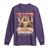 Funny Muscle Jesus Workout Long Sleeve Shirt Hallowed Be Thy Gains Weightlifting Humor