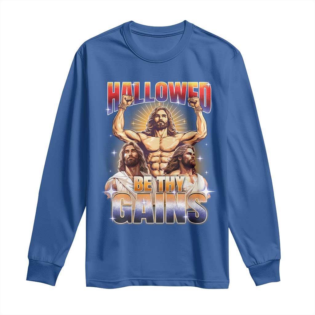 Funny Muscle Jesus Workout Long Sleeve Shirt Hallowed Be Thy Gains Weightlifting Humor
