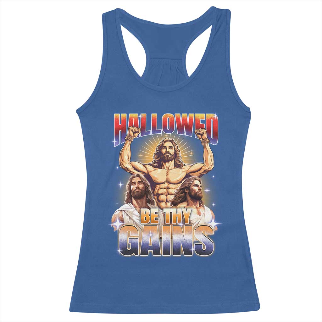 Funny Muscle Jesus Workout Racerback Tank Top Hallowed Be Thy Gains Weightlifting Humor