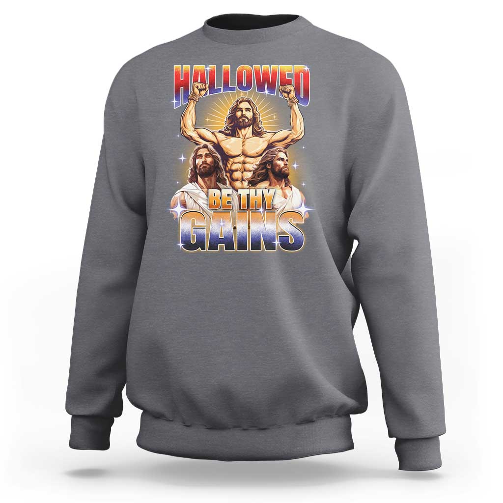 Funny Muscle Jesus Weightlifting Sweatshirt Hallowed Be Thy Gains Workout Humor - Wonder Print Shop