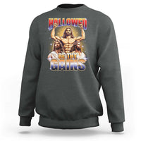 Funny Muscle Jesus Weightlifting Sweatshirt Hallowed Be Thy Gains Workout Humor - Wonder Print Shop