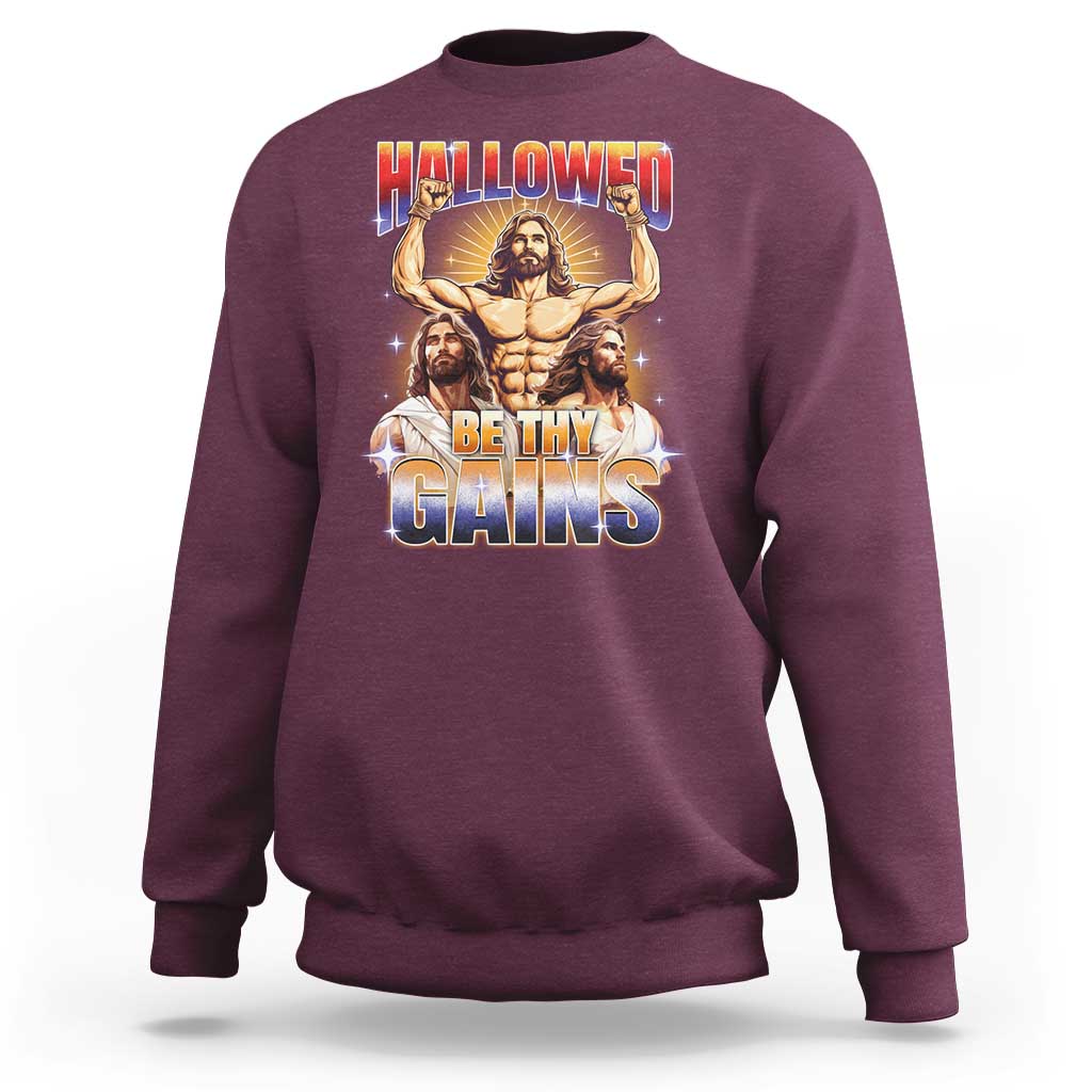 Funny Muscle Jesus Weightlifting Sweatshirt Hallowed Be Thy Gains Workout Humor - Wonder Print Shop