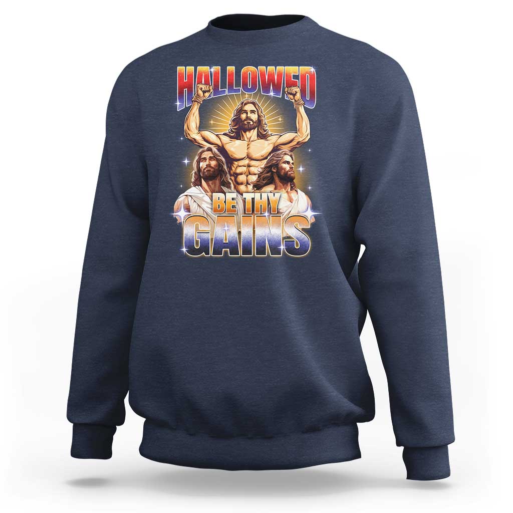 Funny Muscle Jesus Weightlifting Sweatshirt Hallowed Be Thy Gains Workout Humor - Wonder Print Shop