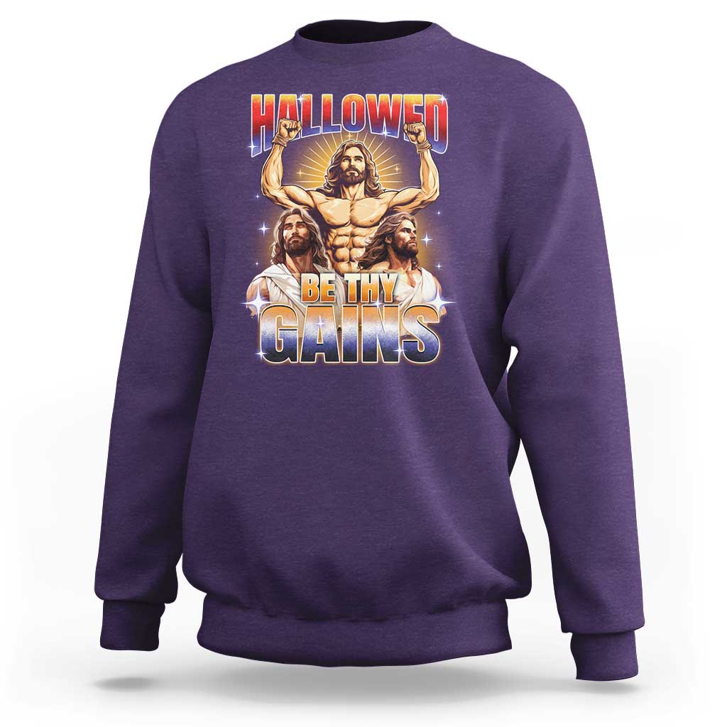 Funny Muscle Jesus Weightlifting Sweatshirt Hallowed Be Thy Gains Workout Humor - Wonder Print Shop