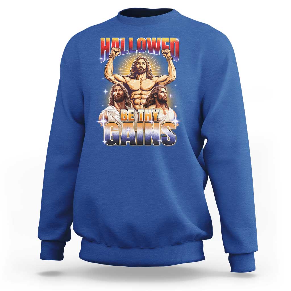 Funny Muscle Jesus Weightlifting Sweatshirt Hallowed Be Thy Gains Workout Humor - Wonder Print Shop