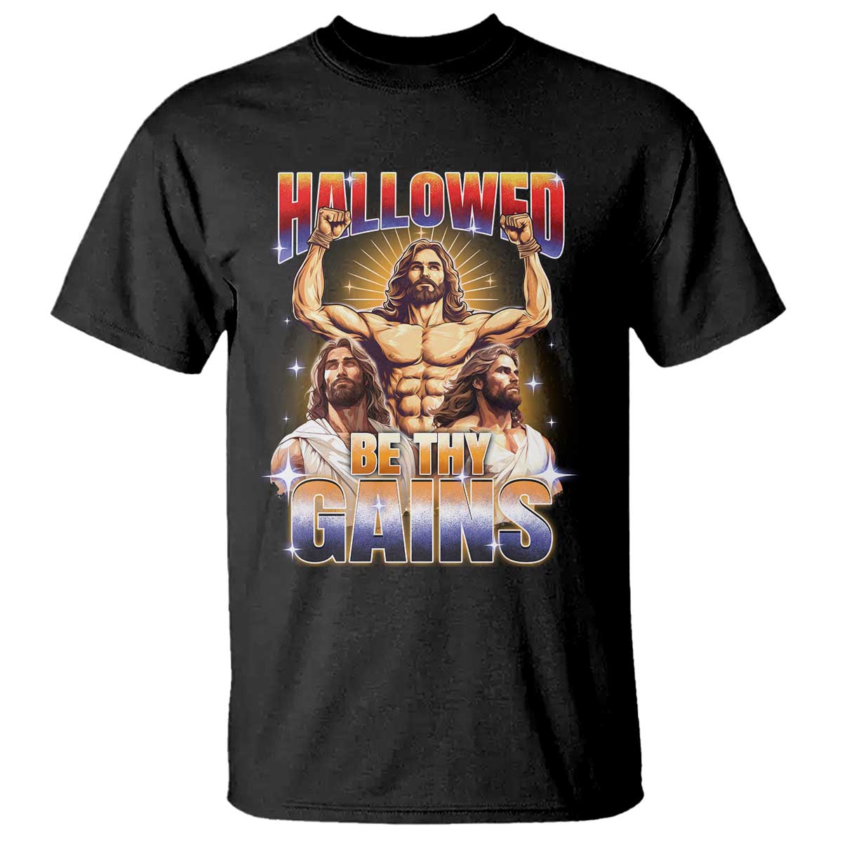 Funny Muscle Jesus Weightlifting T Shirt Hallowed Be Thy Gains Workout Humor - Wonder Print Shop