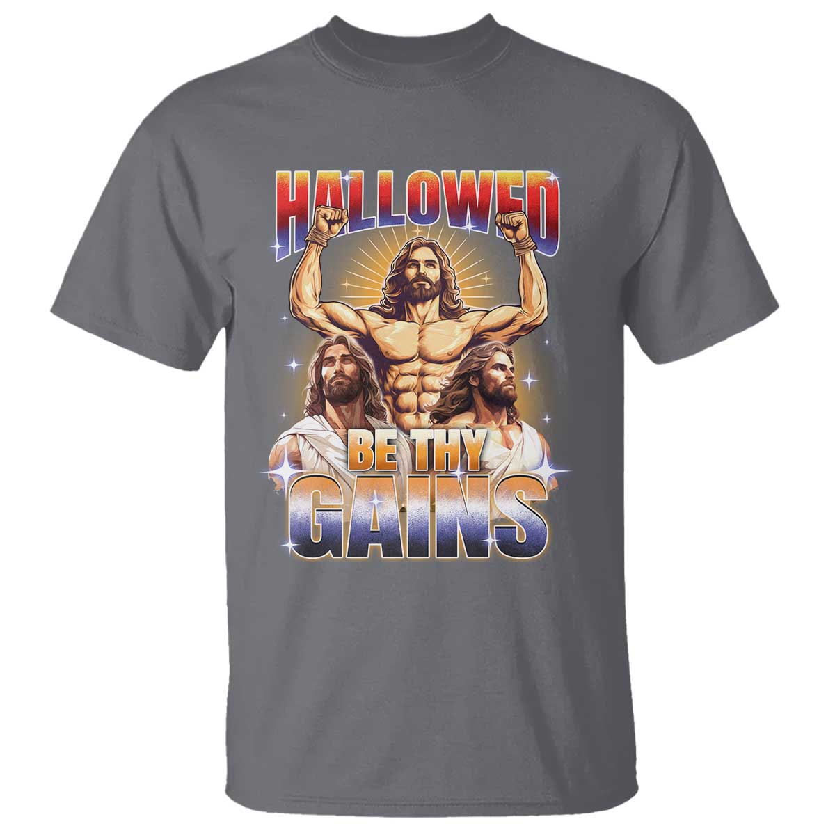 Funny Muscle Jesus Weightlifting T Shirt Hallowed Be Thy Gains Workout Humor - Wonder Print Shop