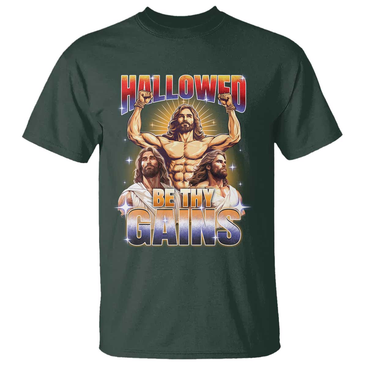 Funny Muscle Jesus Weightlifting T Shirt Hallowed Be Thy Gains Workout Humor - Wonder Print Shop