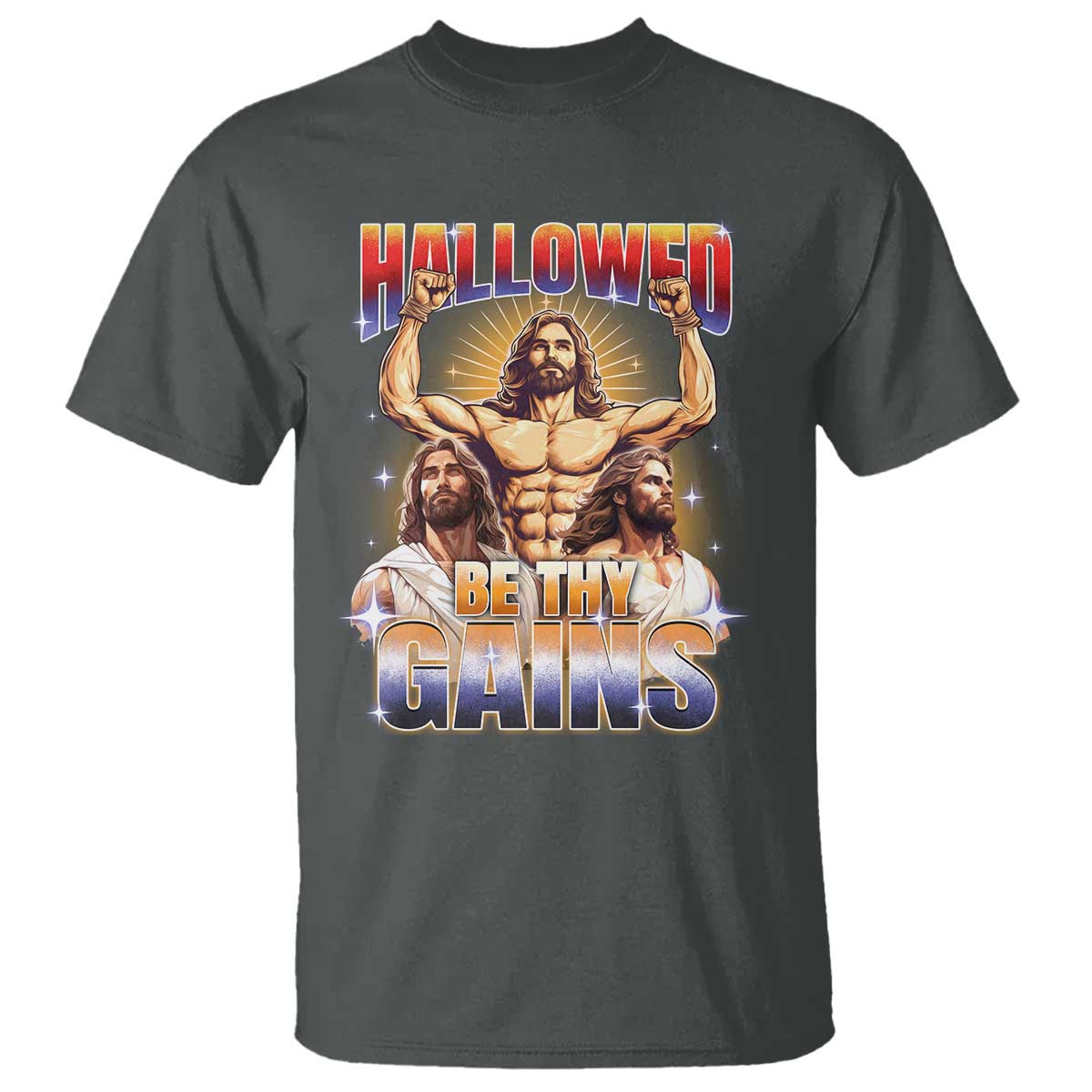 Funny Muscle Jesus Weightlifting T Shirt Hallowed Be Thy Gains Workout Humor - Wonder Print Shop