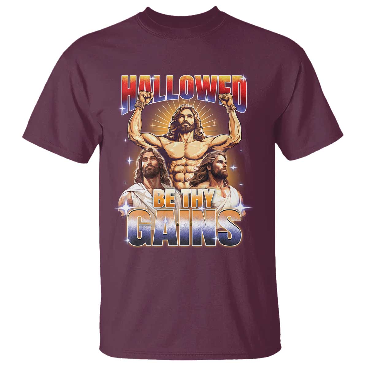 Funny Muscle Jesus Weightlifting T Shirt Hallowed Be Thy Gains Workout Humor - Wonder Print Shop