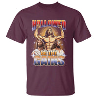 Funny Muscle Jesus Weightlifting T Shirt Hallowed Be Thy Gains Workout Humor - Wonder Print Shop