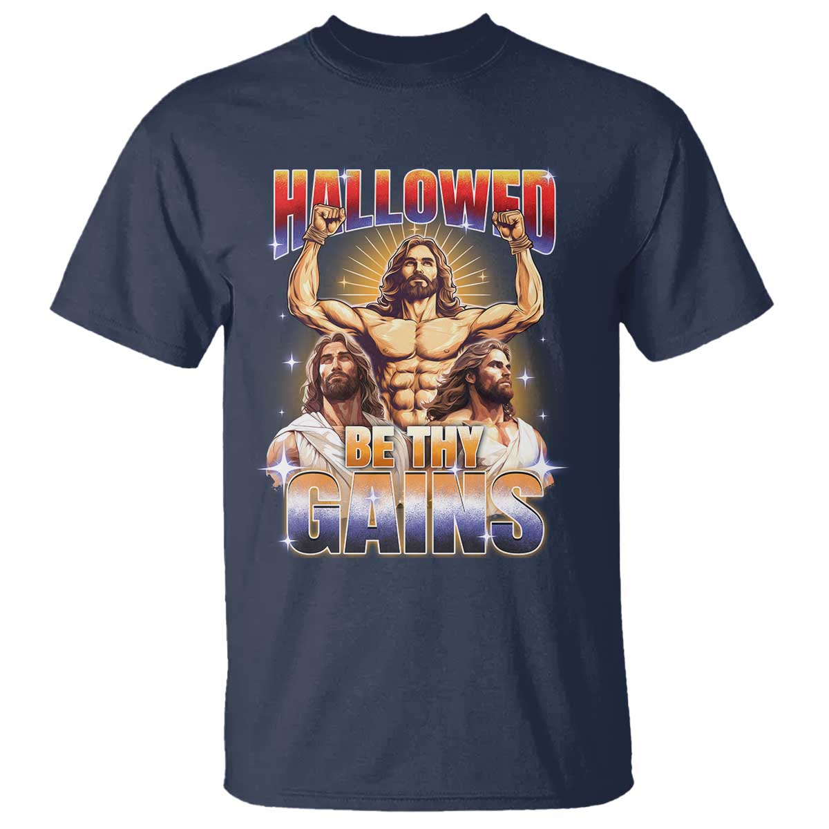 Funny Muscle Jesus Weightlifting T Shirt Hallowed Be Thy Gains Workout Humor - Wonder Print Shop