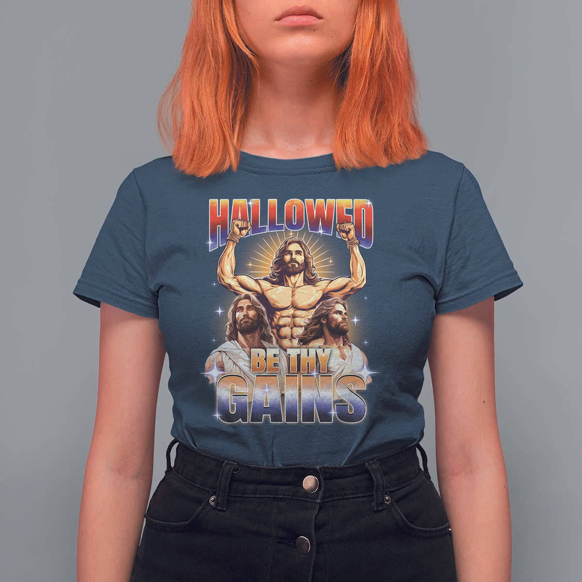 Funny Muscle Jesus Weightlifting T Shirt For Women Hallowed Be Thy Gains Workout Humor - Wonder Print Shop