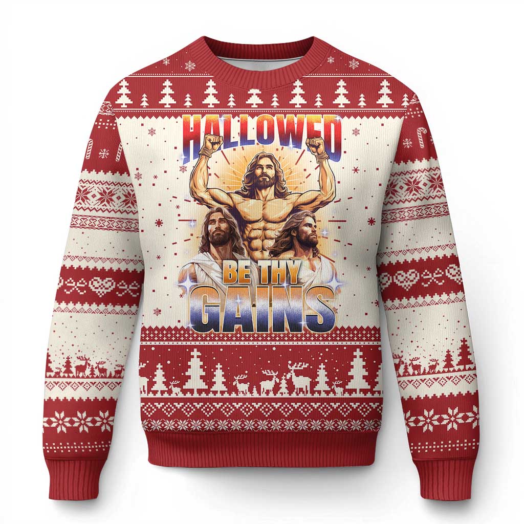 Funny Muscle Jesus Workout Ugly Christmas Sweater Hallowed Be Thy Gains Weightlifting Humor - Wonder Print Shop