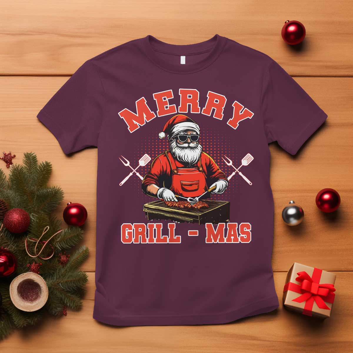 Funny Christmas Grilling Santa T Shirt Merry Grill-Mas BBQ - Wonder Print Shop