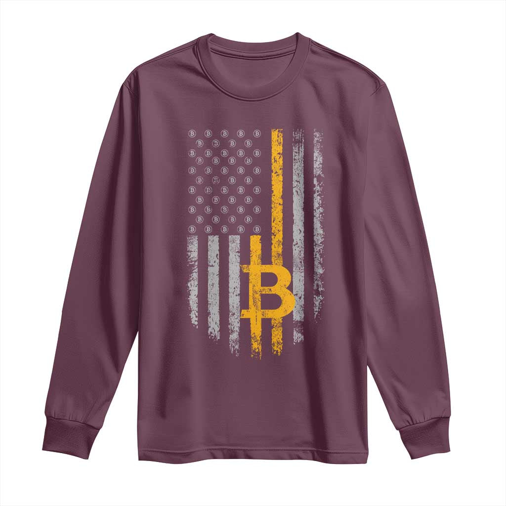 Funny Bitcoin BTC Crypto Cryptocurrency Trader American Flag Long Sleeve Shirt