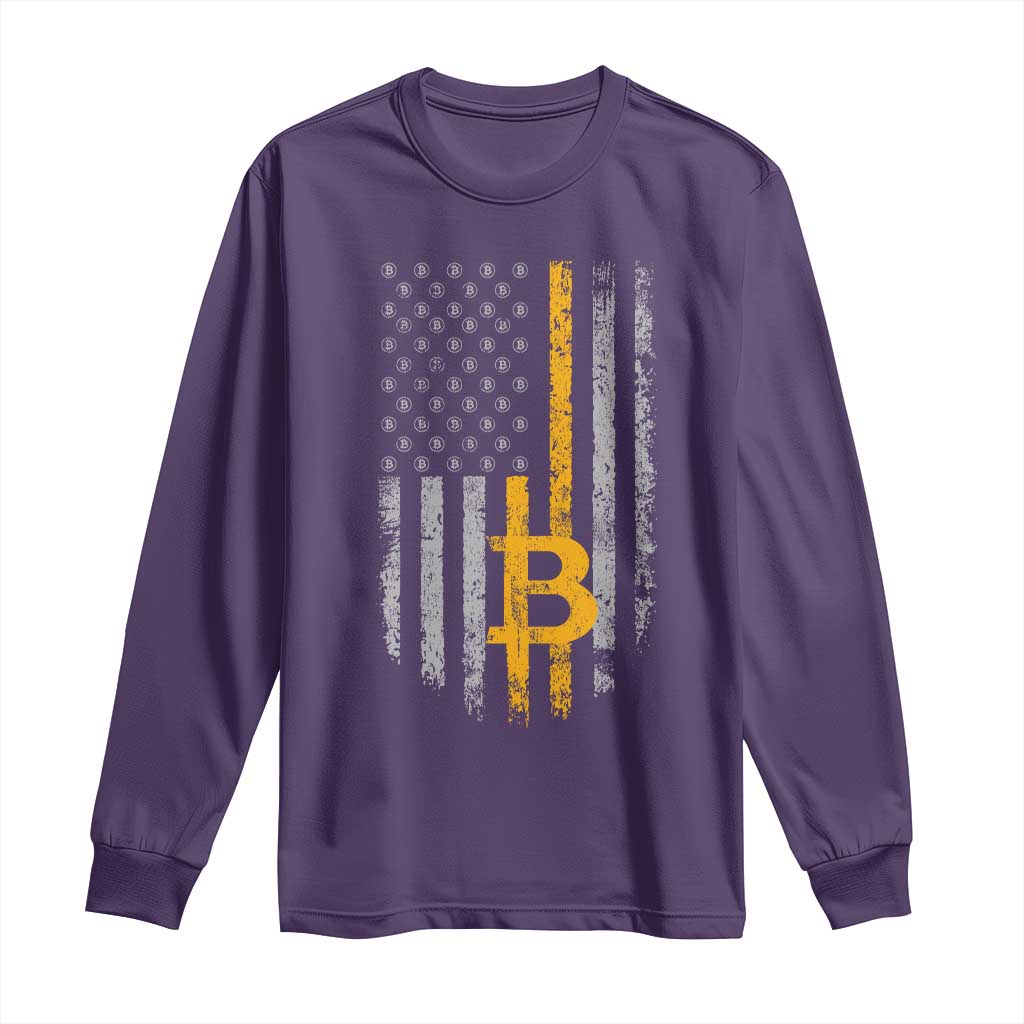 Funny Bitcoin BTC Crypto Cryptocurrency Trader American Flag Long Sleeve Shirt