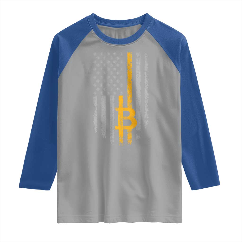 Funny Bitcoin BTC Crypto Cryptocurrency Trader American Flag Raglan Shirt