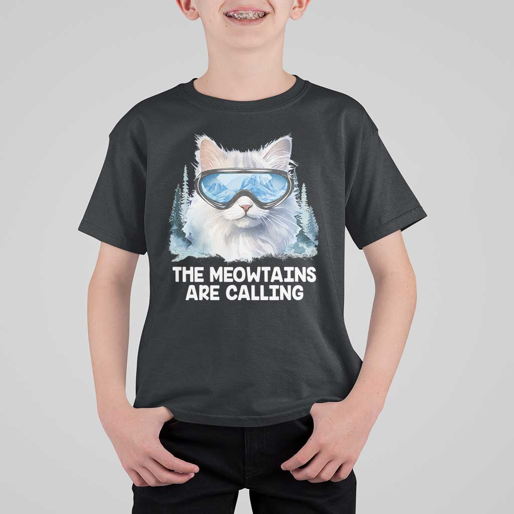 Funny Skiing Snowboarding Cat T Shirt For Kid The Meowtains Are Calling Ski Goggles - Wonder Print Shop